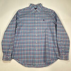 Ralph Lauren Mens Medium Plaid Button Down Shirt Blue Pink Long Sleeve Pony Logo